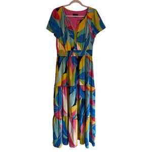 TAHARI ASL Dress Long Maxi Botanical Tiered Ruffle Vacation Colorful | LARGE